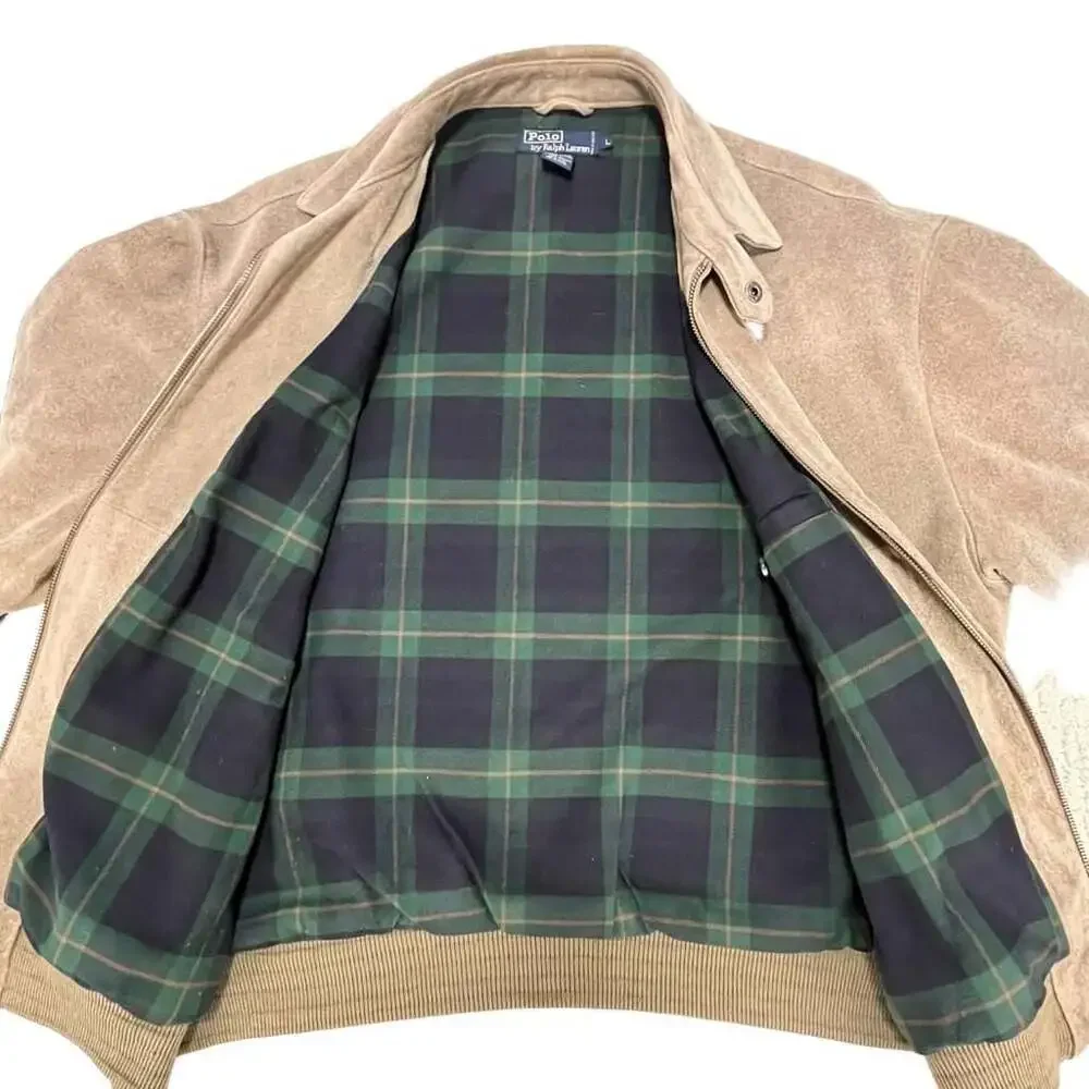 VTG 90s Polo Ralph Lauren Suede Bomber - Men's Large Blank Back Plaid Liner